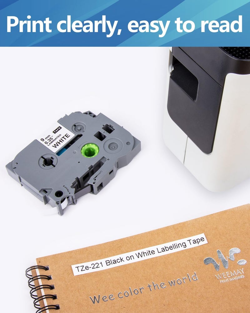WEEMAY TZc-221 Compatible for Brother Label Maker 9mm 0.35 White TZe-221 TZ221 TZ-221 TZe TZ Tape 9mm 0.35 Laminated White 3/8 Tape for P Touch PT-D210 PT-D200 PT-H110 PT-D400 Label Maker, 5 Pack - Image 5